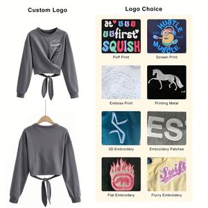 Bán Buôn Crew Cổ Drop Shoulder Tùy Chỉnh Thêu Logo 3D In Ấn Chéo Chuỗi Tie Top Quá Khổ Phụ Nữ Crop Áo & Hoodies - Product Image 4
