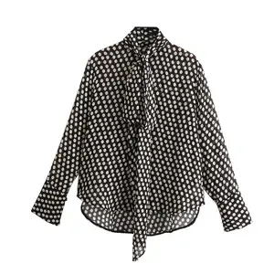 PB&ZA Women 2023 autumn New Fashion Series polka dot bow Blouses Vintage Long Sleeve Female Shirts Blusas Chic Tops