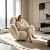 Fauteuil d'appoint en tissu bouclé crème, fauteuil de salon individuel rembourré en peluche, fauteuil de loisirs moderne de designer