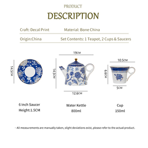 Ceramic Tea <b>Set</b> Oriental Blue Floral Design <b>Teapot</b> with <b>2</b> <b>Cups</b> <b>and</b> Saucers Afternoon Tea Use - Product Image 6