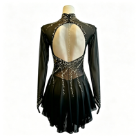 Robe de patinage artistique noire scintillante avec strass, col montant, manches longues en maille, pour enfants et adultes, compétition et spectacle