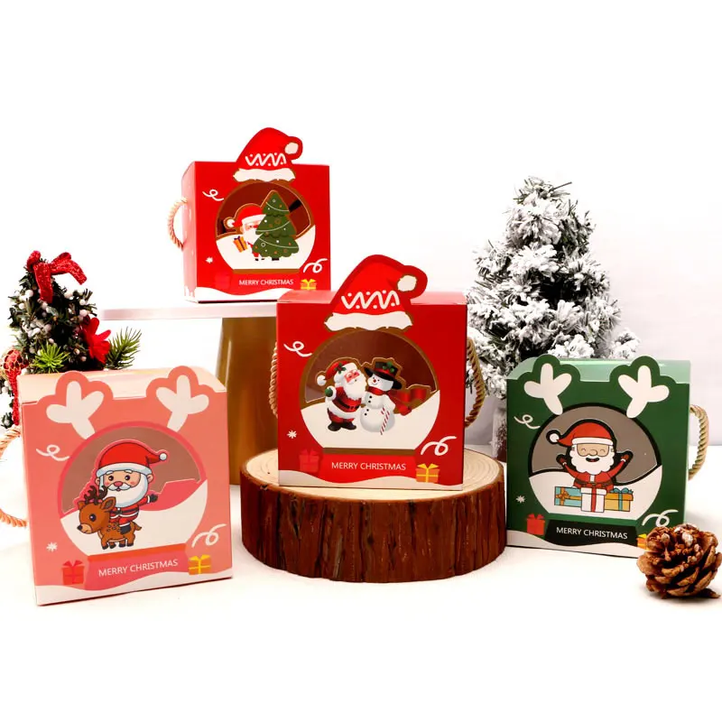 Caja de regalo de fiesta de Navidad con cuerda portátil Caja de papel de regalo de Navidad para galletas Dulces Suministros de embalaje de manzana