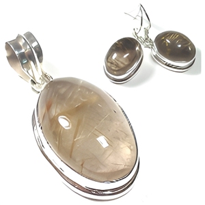 925 Sterling Silver Rutilated Quartz Jewelry Set Oval Pendant Earrings Golden Rutile Gemstone Bezel Setting Women's Jewelry Sets - Product Image 1