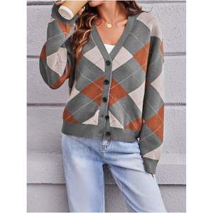 เสื้อคาร์ดิแกนลายสก็อตสำหรับผู้หญิง คอวี ติดกระดุม แขนยาว สไตล์ลำลอง ถักนิต สำหรับใส่ในฤดูใบไม้ร่วง - Product Image 4