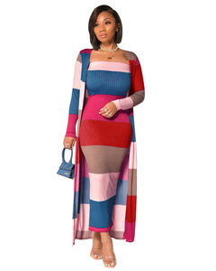 2026 Autumn Winter Women Dress Women Casual Multi-color Blocked Coat Two-piece Nightclub Knitted Women Suit - Product Image 5