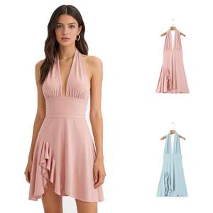 Nuevo Vestido de Verano para Mujer, Estilo Europeo Americano, Sexy, con Escote Profundo en V, Espalda Descubierta, Cintura Ajustada, Sin Mangas, Casual, Liso y Teñido Natural - Product Image 1