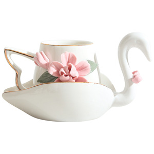 Creative Swan <b>Ceramic</b> Coffee <b>Cup</b> Saucer Set 300ml Capacity Hand-Pinched Flower Design for Home Afternoon Tea Espresso Drinkware - Product Image 1