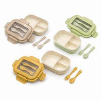 Boîte à lunch en plastique OEM en gros à 3 compartiments avec couvercle à quatre côtés détachable et couverts pour l'école, le bureau et les pique-niques