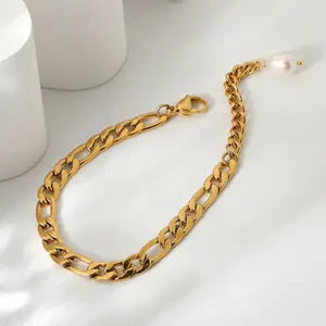 Joyería Venta caliente Diseño de cadena de eslabones Pulsera de cadena de mano chapada en oro de 18K Pulsera de cadena Figaro NK