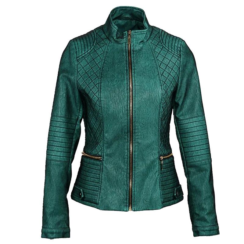 Best Selling Olive Green Blazer Pu Leather Jacket Coat For Women