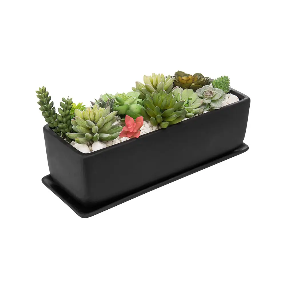 Tuin Outdoor Lange Zwarte Rechthoek Balkon Keramische Vensterbank Bloem Planter Dozen Met Pallet