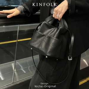KINFOLK Bolso tipo cubo para mujer de piel suave con hebilla magnética, bolso bandolera con múltiples compartimentos, color marrón - Product Image 3