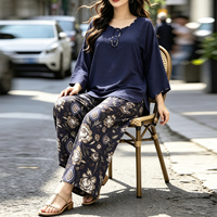 Ensemble deux pièces décontracté pour femme : pantalon large et haut à manches longues, imprimé rétro, style vacances, grande taille