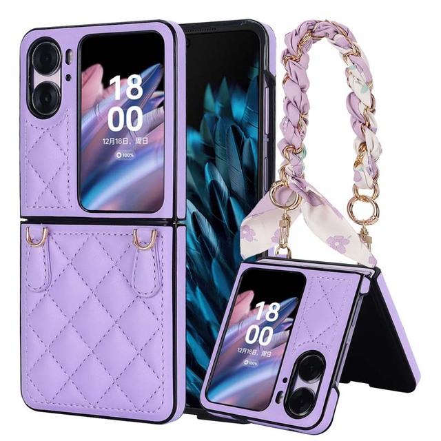 Protective Shockproof Luxury Folding Leather Phone Case with Silk Scarf Wrist Strap for OPPO Find N2 Flip Back Cover