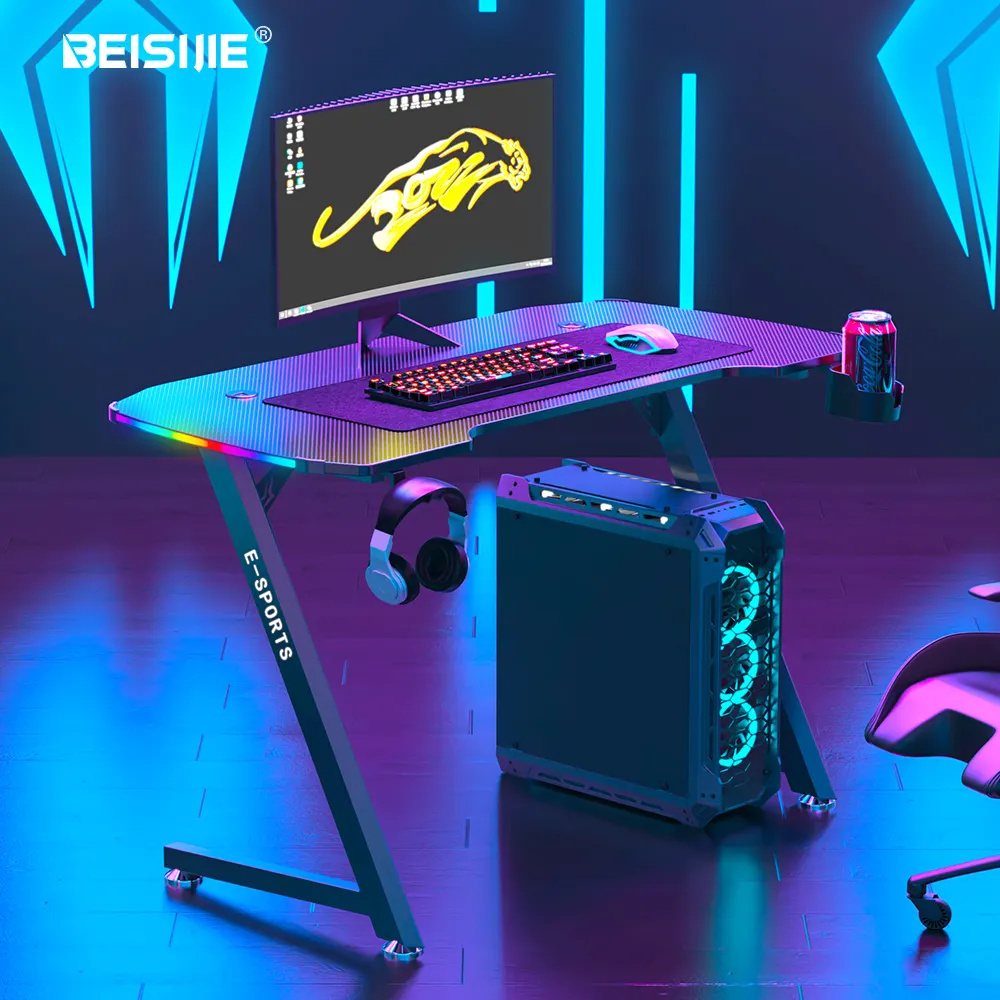 नि: शुल्क नमूने गर्म बेच गेमिंग टेबल आरजीबी एलईडी रोशनी के साथ कंप्यूटर डेस्क गेमिंग डेस्क के लिए खेल कमरे