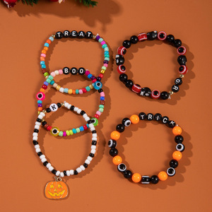 Halloween Acrylic Beaded <b>Bracelet</b> Set With Ghost Spider Pumpkin Skull Charms For Party Unisex Jewelry - Product Image 2