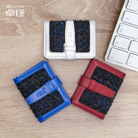 Dompet Kartu Mini Berbahan Tweed dengan Glitter, Tali Jepret, Tempat Kartu ID dengan Jendela Transparan, Tempat Kartu Kredit Kecil Wanita, Logo Embos