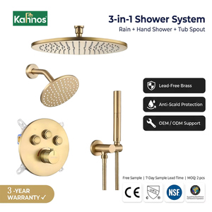 Système de douche encastré doré brossé, fixation murale ou plafond, double pommeau de pluie rond, douchette à bouton-poussoir, 3 fonctions, robinet en laiton - Product Image 2