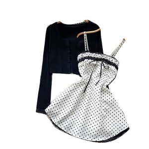 Ensemble 2 pièces à pois pour femme, <span class=keywords><strong>cardigan</strong></span> à manches longues et robe camisole avec dentelle, tenue superposée pour le quotidien et les trajets - Product Image 5