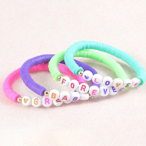 Bracelet d'<span class=keywords><strong>amitié</strong></span> bohème en perles de lettres en argile polymère souple élastique, lettres colorées, bracelet en perles fait main personnalisé pour femmes - Product Image 3