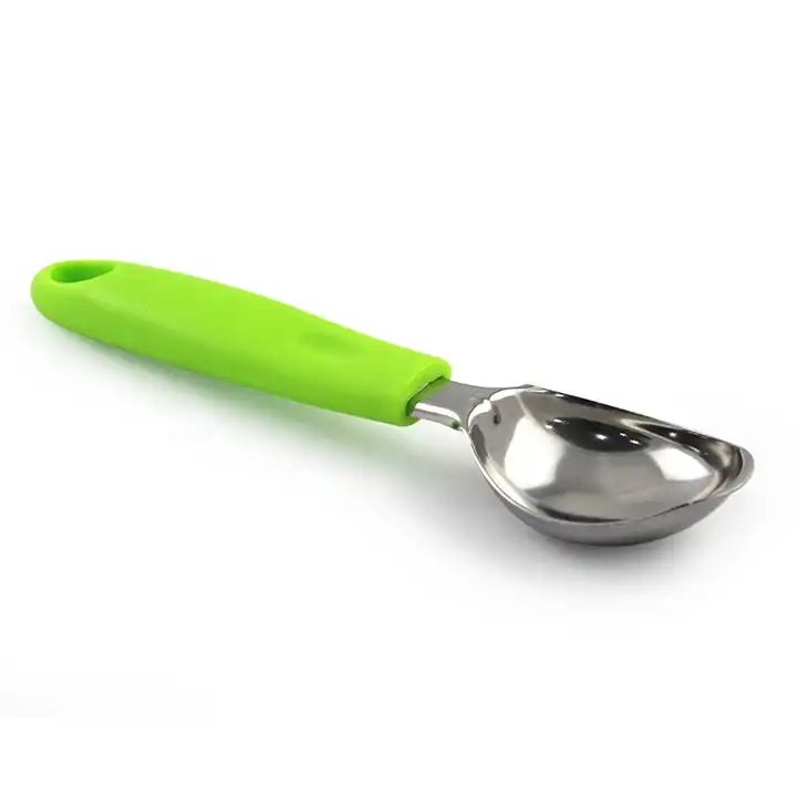 Ice Cream Scoop - Stainless Steel - Green Nonslip Rubber Grip - 1