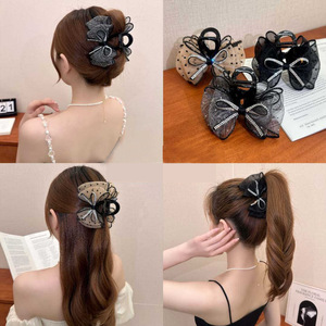 Mesh <b>bow</b> hair <b>clip</b>, polka dot black, high-end women's new half-up hair <b>clip</b>, elegant chain shark <b>clip</b> - Product Image 1