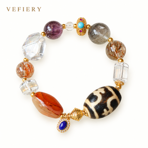 Bracelet en perles d'agate Dzi naturelle, quartz inclusif noir, quartz clair, quartz fantôme violet pour femme, bijoux personnalisés, vente en gros - Product Image 1