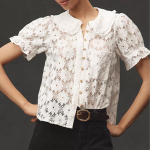 Nueva Blusa Elegante de Encaje Transparente con Cuello de Ganchillo y Botones Delanteros para Mujer, Estilo Occidental, Manga Corta, Color Blanco, Venta al por Mayor 2025 - Product Image 1