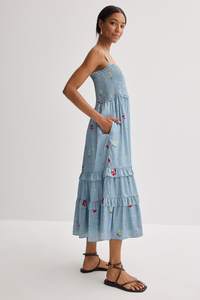 ชุดเดรสลำลองแฟชั่นคุณภาพพรีเมียม ขายดี ชุดเดรสยาวขายส่งสำหรับผู้หญิง เอวธรรมชาติ ผ้าฝ้าย 100% ปักด้วยเครื่องจักร - Product Image 3