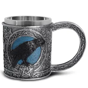 Personalised Skulls Coffee Die Krahe Mugs European Vintage Medieval Stainless Beer Cup Resin Double Wall Crow Design Mug Cups