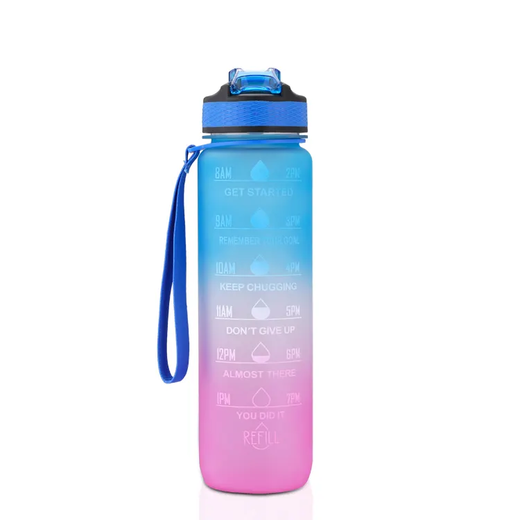 누출 방지 트라이탄 BPA 무료 1l 피트니스 야외 스포츠 물 주전자 시간 마커 대형 플라스틱 동기 부여 물병