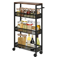 Chariot de rangement utilitaire à 4 niveaux avec roulettes, plateau en bois et poignée, idéal pour salle de bain, cuisine et espaces étroits