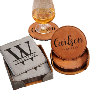 Décoration d'intérieur, cadeau de pendaison de crémaillère, sous-verre carré moderne personnalisé réutilisable en cuir PU gravé au laser, imperméable, avec support - Product Image 1