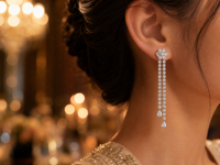 Boucles d'oreilles pendantes en or blanc 18 carats avec diamants de 3,273 carats, chaîne double rangée style tennis à pampilles, grappe de fleurs et diamants taille poire pour soirée