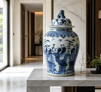 Vas Keramik Antik Cina Bergaya Art Deco dengan Gagang Singa Biru Putih yang Dilukis Tangan, Dilengkapi Tutup untuk Dekorasi Rumah dan Ornamen Tembikar