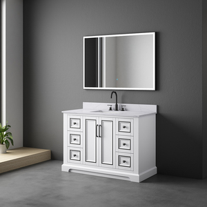Meuble-lavabo élégant et moderne en bois massif avec comptoir en marbre blanc de Carrare (Italie), charnières à fermeture douce, miroir LED et vasque en céramique - Product Image 3