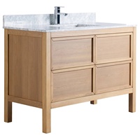 Meuble-lavabo de salle de bain sur mesure en bois naturel, design shaker fin, plan de travail en quartz avec lavabo simple, unité de meuble autoportante