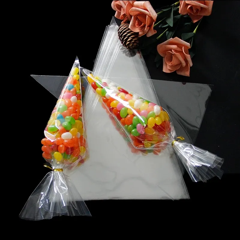 DIY Candy Bag Wedding Favors Birthday Party Decoration Sweet Cellophane Transparent Cone cello bag Storage With Organza Pouches