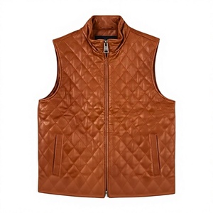 Chaleco de Cuero PU Acolchado Marrón para Hombre, Cuello Alto, Cierre de Cremallera, Ropa Exterior Informal para Otoño - Product Image 1