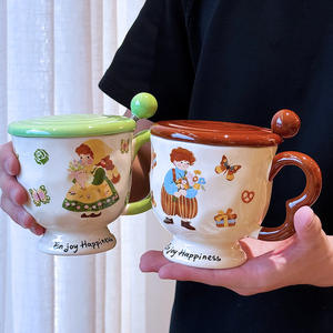 Taza de café de cerámica con tapa y cuchara, diseño de dibujos animados, para desayuno, uso doméstico, juego de una sola taza - Product Image 5