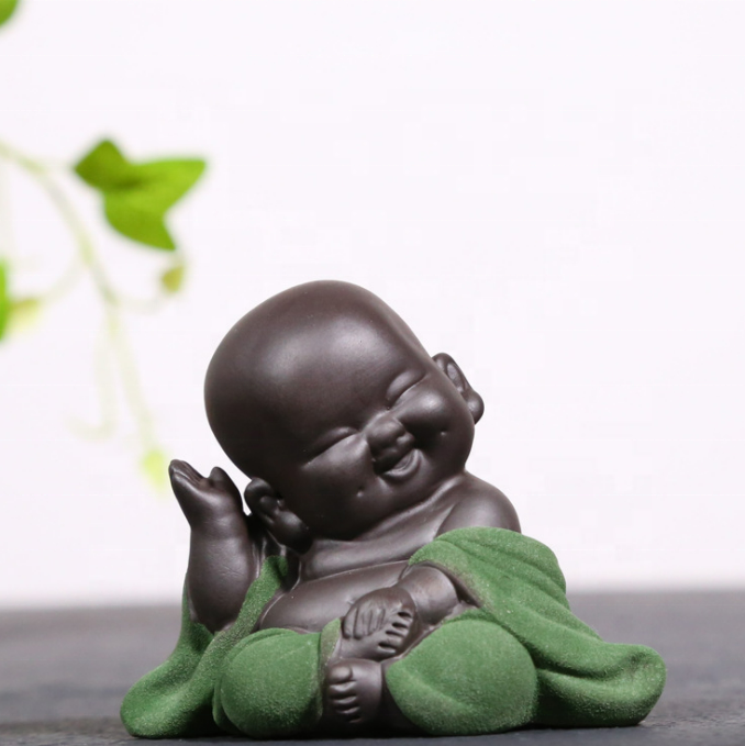 Handmade Tea Ornaments Small pink green Smile Laughing Little Monk Ceramic Buddha Statue