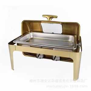 Réchaud rectangulaire en acier inoxydable avec couvercle rabattable et chauffage à l'alcool pour hôtels et traiteurs - Product Image 4