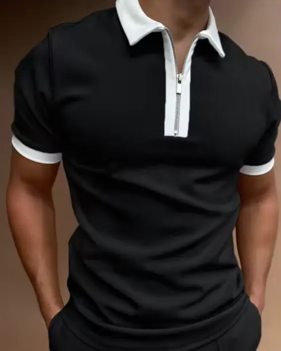 Özel Polo büyük boy erkek Polo gömlekler düz toptan kısa kollu Zip yaka Polo gömlek