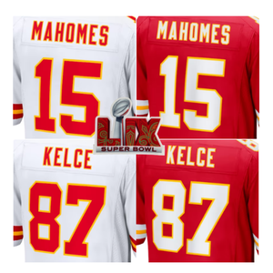 Jersey American Football Baru 2025 dengan Jahitan Tambahan, Nomor 15 Patrick Mahomes, 87 Travis Kelce, 10 Pacheco, 32 Bolton, 4 Rice, 1 Worthy - Product Image 1