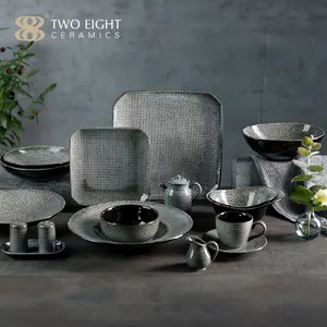 Twee Acht Nieuwe Ontwerp Glazuur Grey Keramische Servies Set Porselein Diner Set Voor Restaurant Plaat Set Servies Catering Plaat
