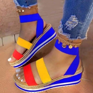 Sandales romaines <span class=keywords><strong>compensées</strong></span> en espadrille pour femmes, à bride cheville et bande élastique, bout ouvert, chaussures décontractées d'été - Product Image 2