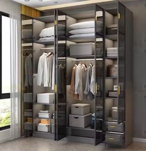 Wooden <b>Wardrobe</b> Flat Door Bedroom Simple Modern Economic Glass Door Simple Storage Cabinet Large <b>Wardrobe</b> - Product Image 5