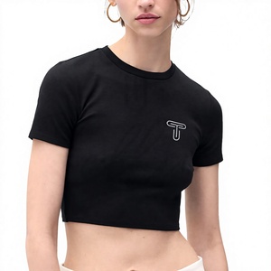 Haut court pour femme, design personnalisé de haute qualité, orné de perles sur le devant, respirant, séchage rapide, col rond, en coton léger, idéal pour l'été - Product Image 1
