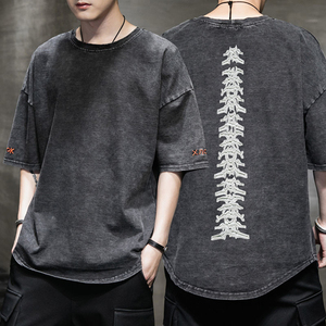 Bán Buôn Chất Lượng Cao Đường Phố Mặc Hip Hop Người Đàn Ông Của T-Shirt Vòng Cổ Bỏ Vai Cổ Điển Đá Rửa Áo Phông - Product Image 3