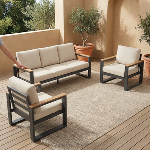 Conjunto de Muebles Minimalistas para Patio, Sofá de Metal para Exteriores con Decoración de Madera Sintética, Sofá Seccional de <span class=keywords><strong>Aluminio</strong></span> Gris de Lujo para Balcón - Product Image 2
